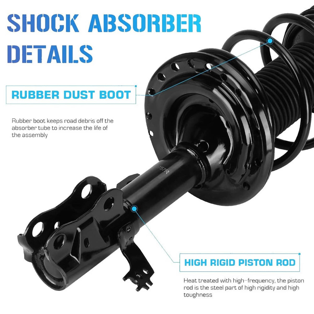 Front strut shock absorber with rubber dust boot and high rigid piston rod