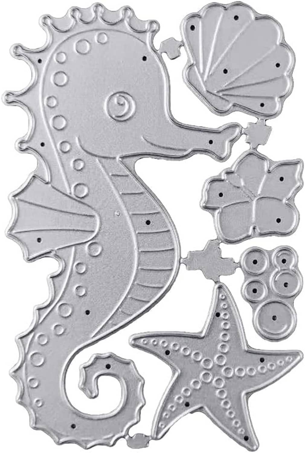 Silver metal cutting dies with seahorse, starfish, and shell shapes for card making
