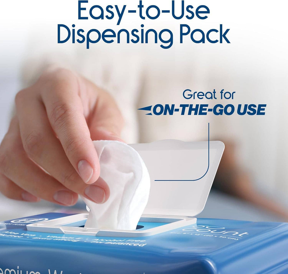 Adult washcloth wipes dispensing pack with hand pulling out a white wipe