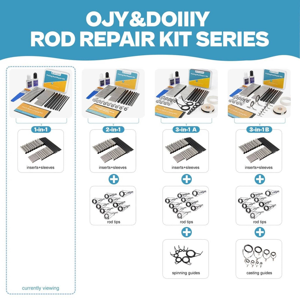 Rod repair kit series set with multiple insert-and-sleeve diagrams and guide cards