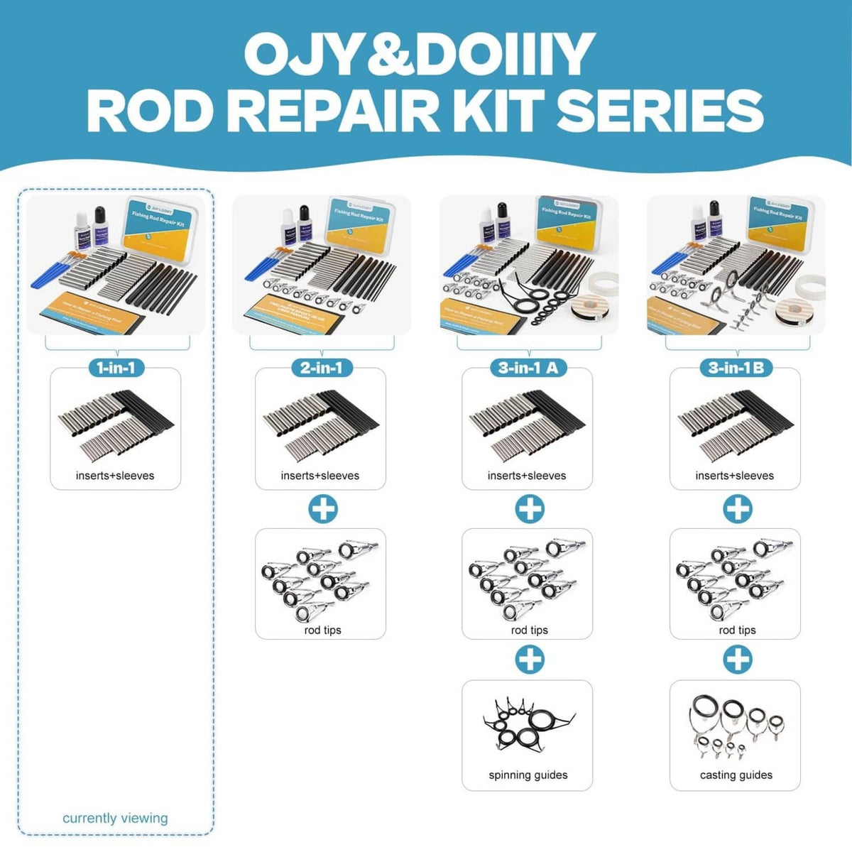 Rod repair kit series set with multiple insert-and-sleeve diagrams and guide cards