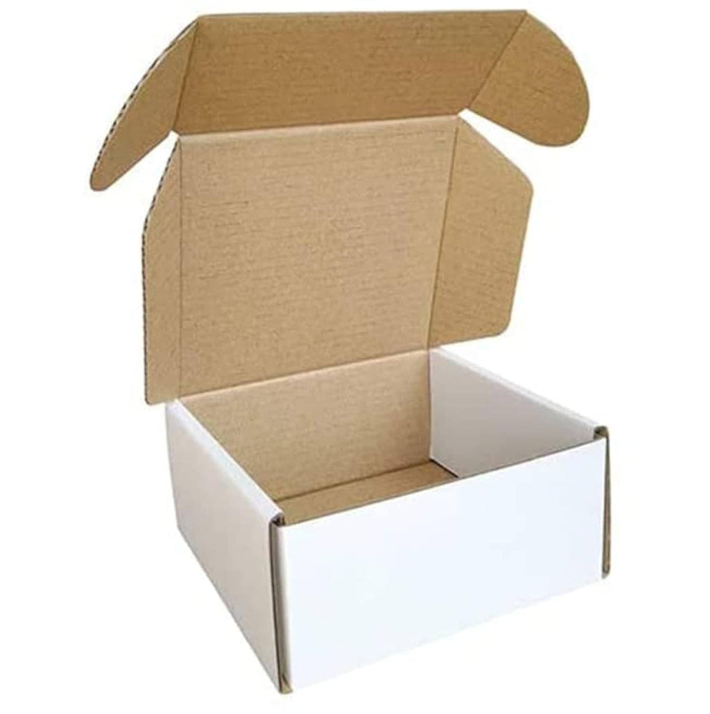 Small shipping boxes, open cardboard mailer with white base and brown lid flaps