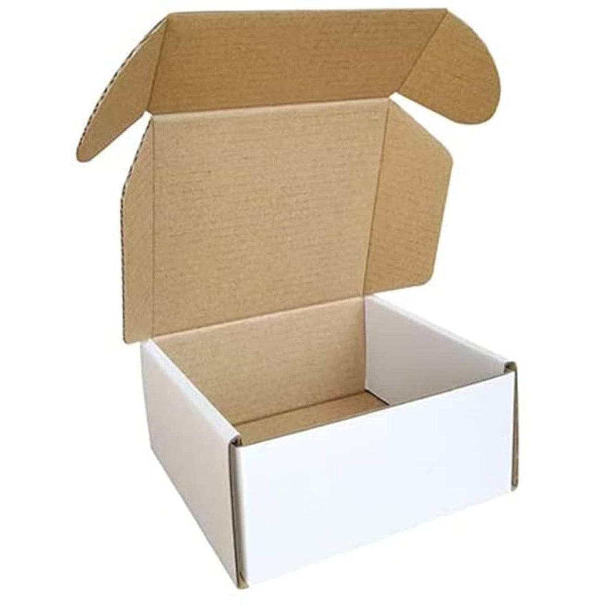 Small shipping boxes, open cardboard mailer with white base and brown lid flaps