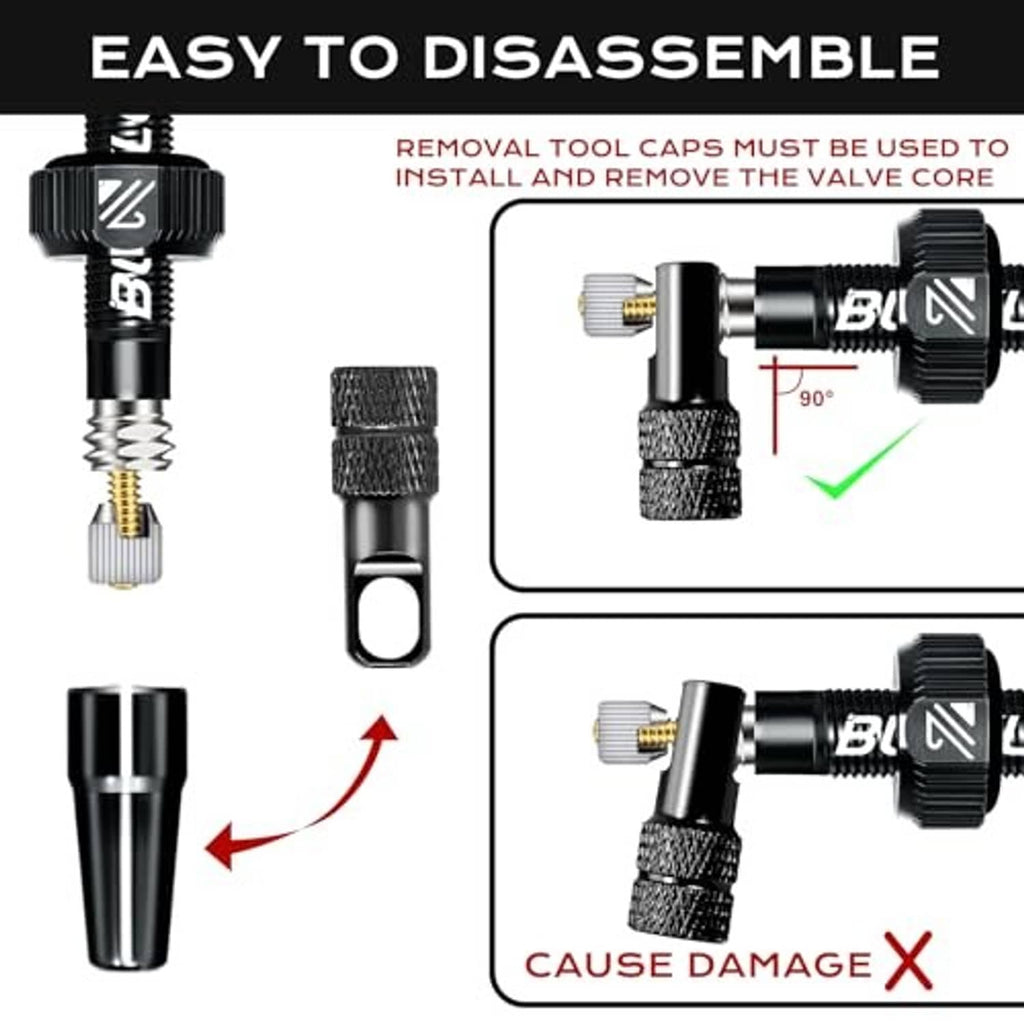 Black Presta valve stem kit with removal tool caps