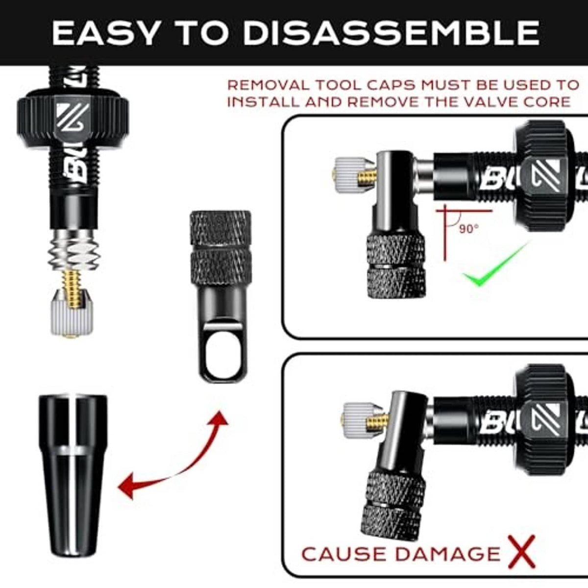 Black Presta valve stem kit with removal tool caps