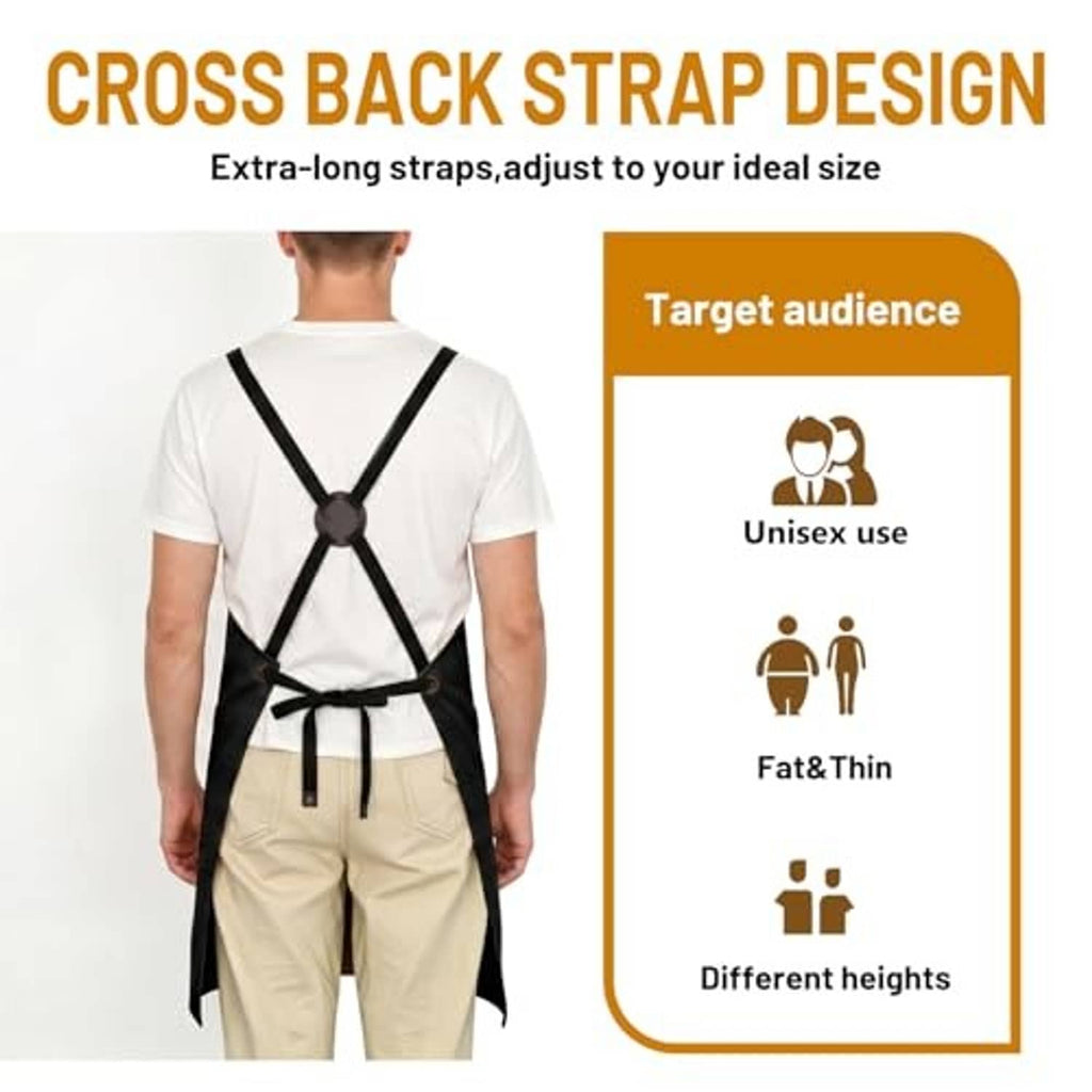 Black cross-back apron with crossed straps and adjustable waist tie; Grill Legend graphic.