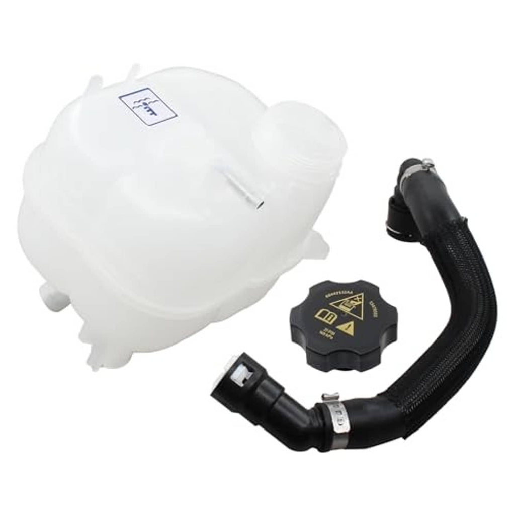 Coolant expansion tank with black hose and included cap pieces, white reservoir