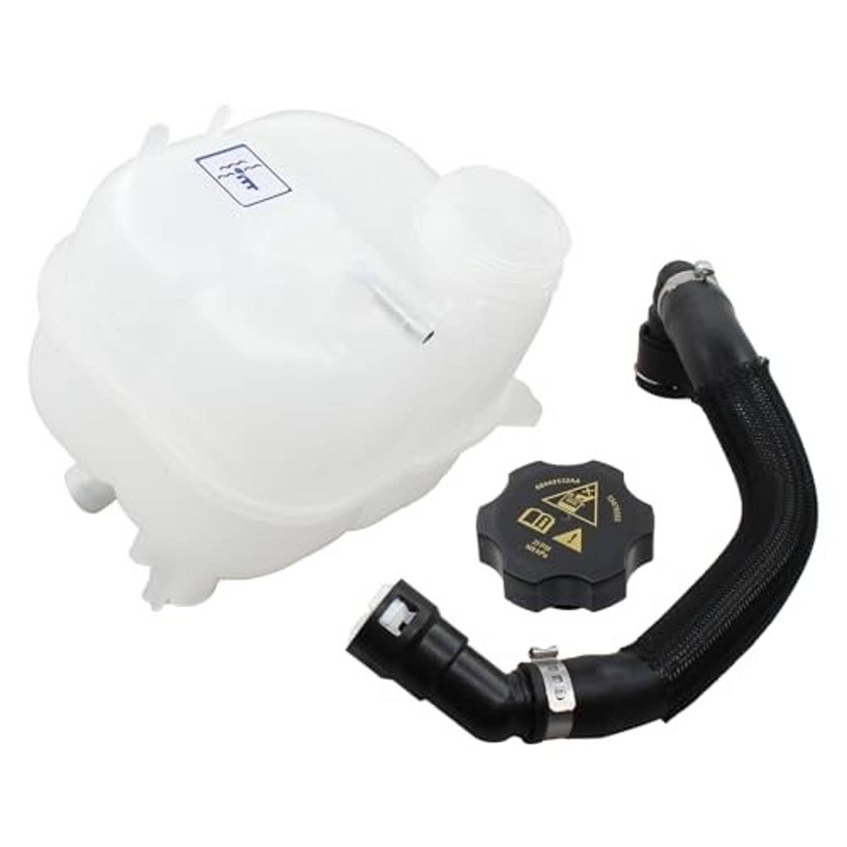 Coolant expansion tank with black hose and included cap pieces, white reservoir