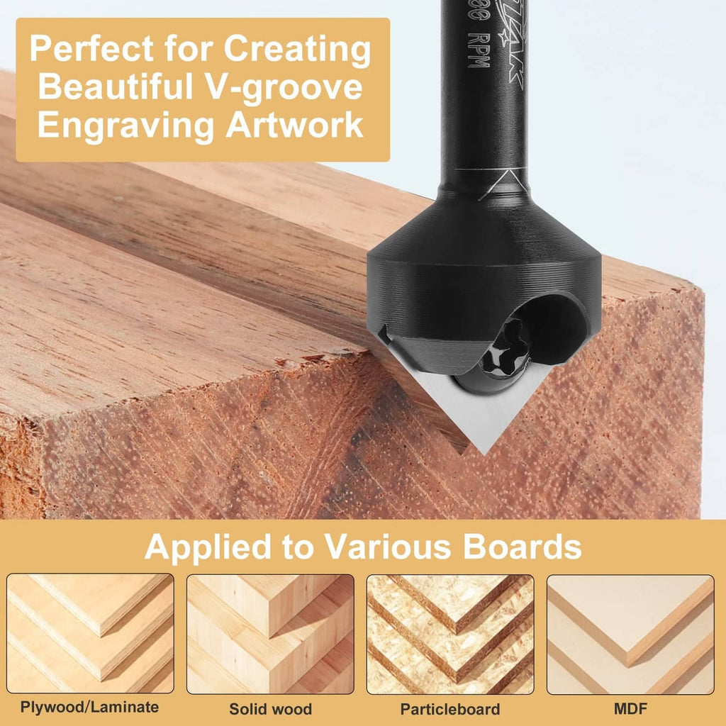 90° V-groove router bit routing a V-groove into a wooden board