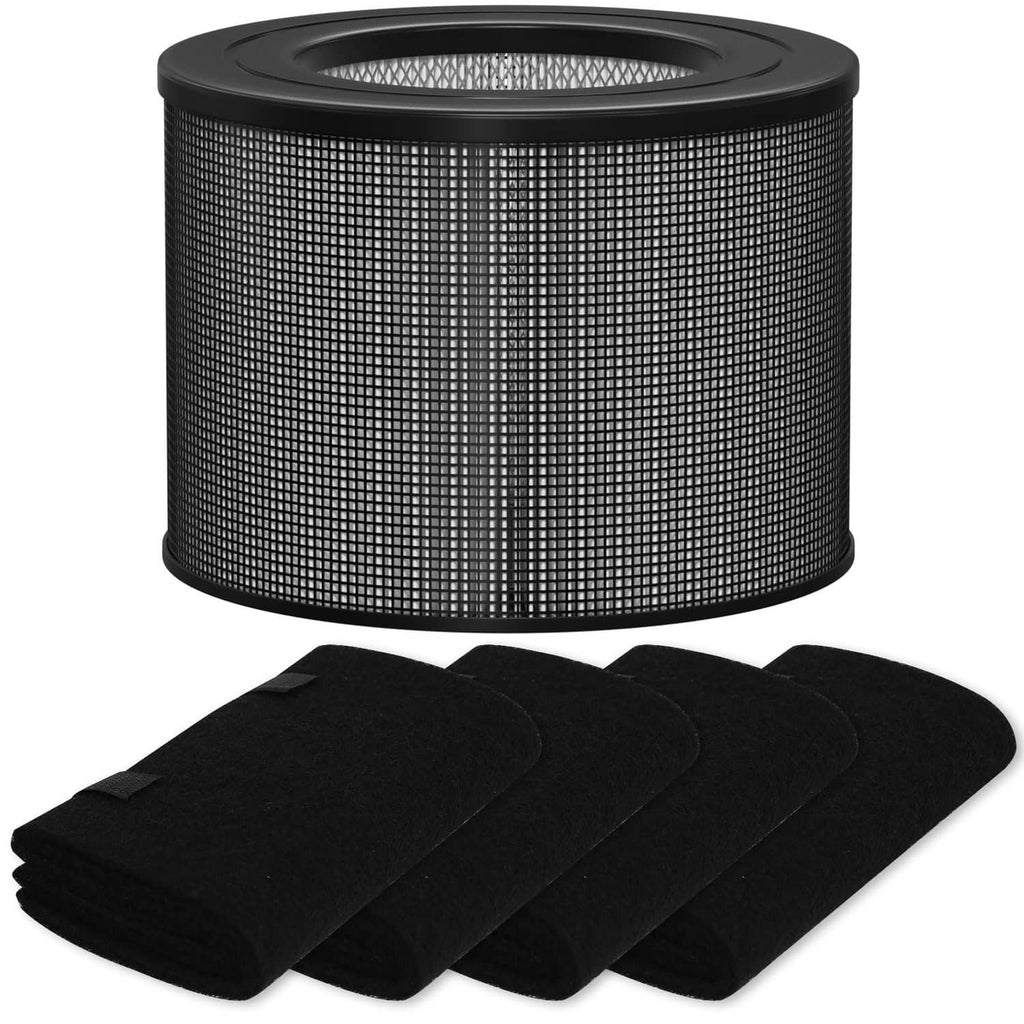 Round black HEPA filter cartridge with fine mesh and five black pre-filter pads