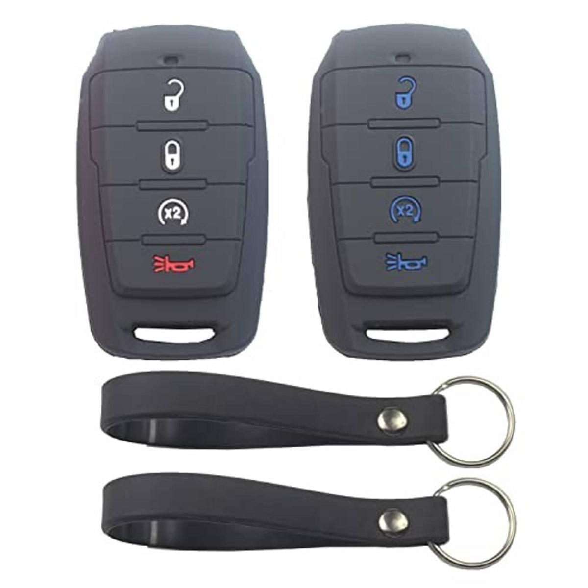 Two black silicone key fob covers with key rings; one shows blue icons