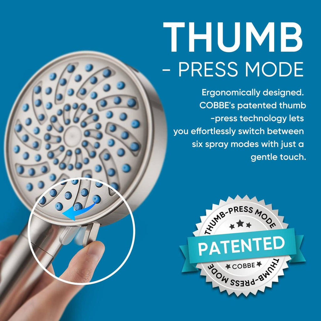 Round shower head with thumb-press control and multiple blue nozzle spray holes