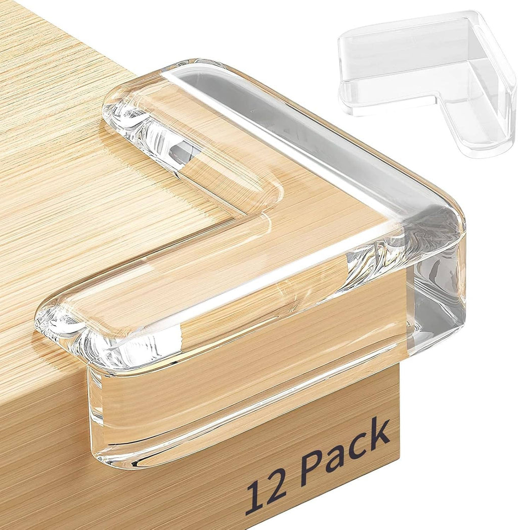Clear furniture corner protector set with installed L-guards and extra spare pieces
