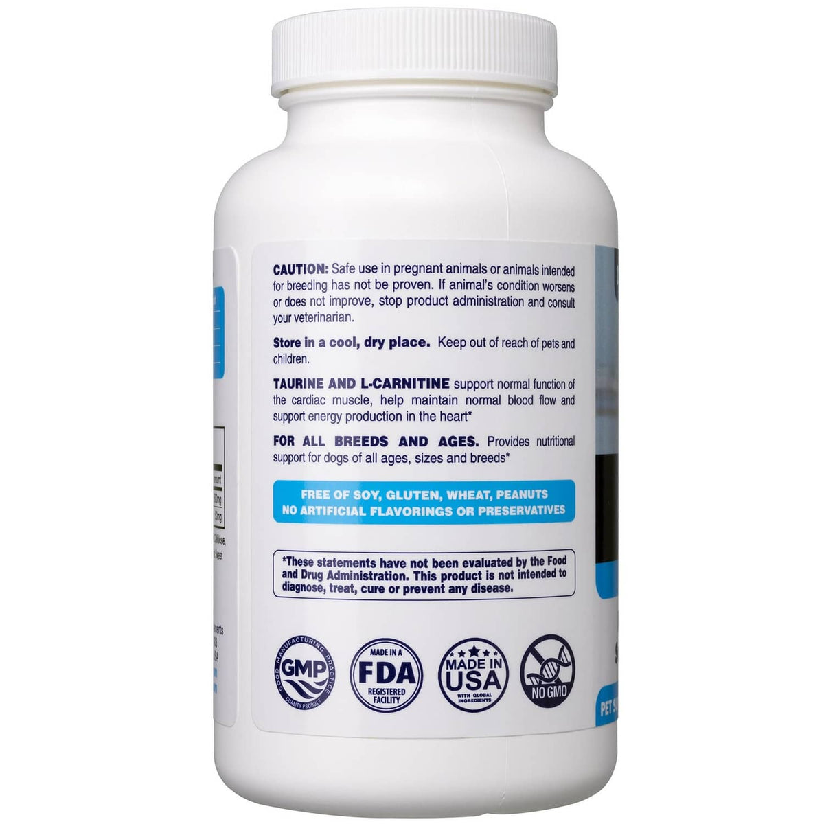 Side label on Dr. Oscar taurine supplement bottle with cautions and certification icons