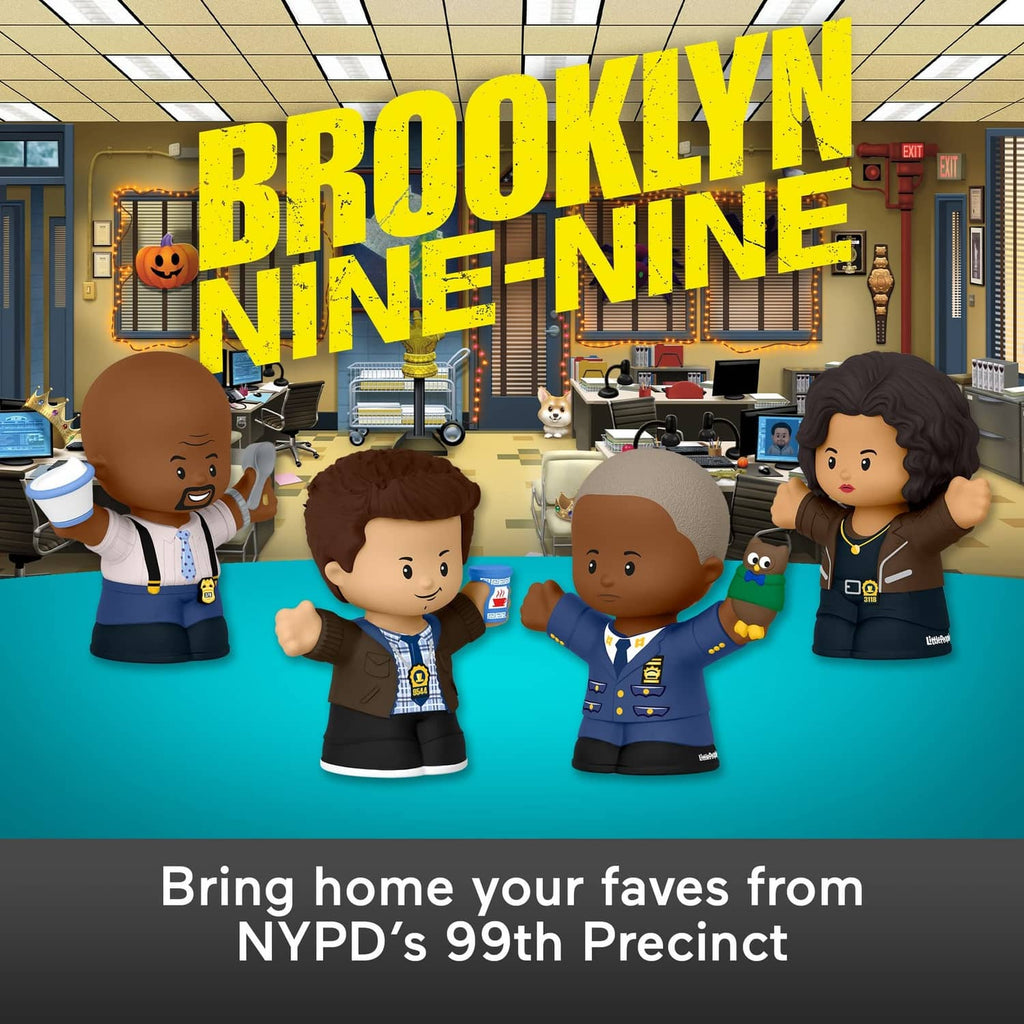 Four Brooklyn Nine-Nine Little People characters in blue and brown uniforms, posed