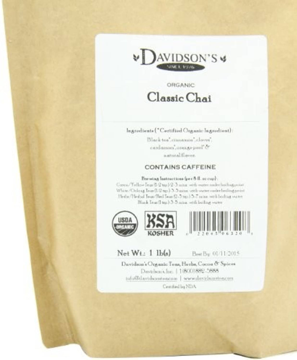 Organic loose-leaf chai tea pouch back label with USDA organic and Kosher seals