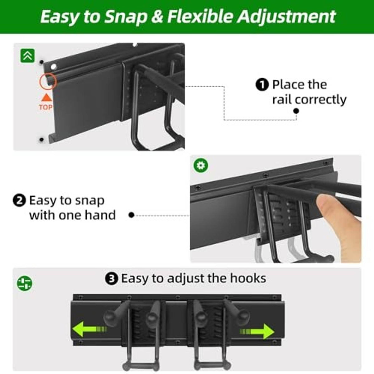 Wall-mounted tool rack showing snap-on rail and adjustable hook placement