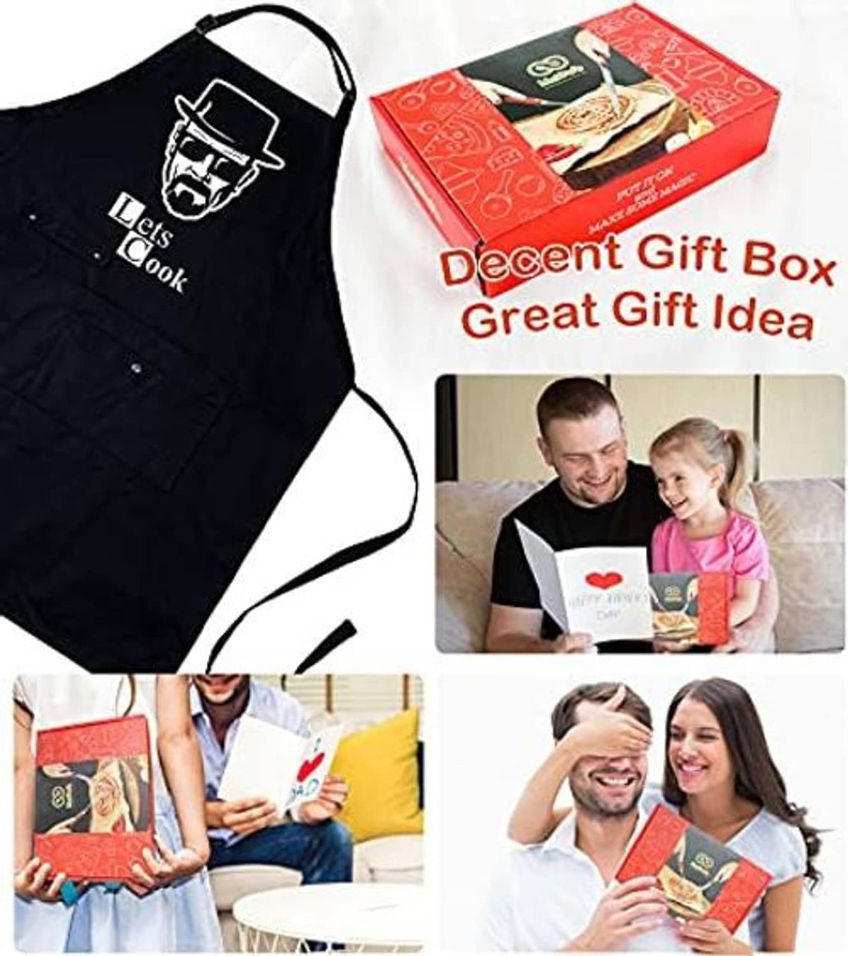 Black chef apron with "Let's Cook" print, hanging loop and snap front pockets