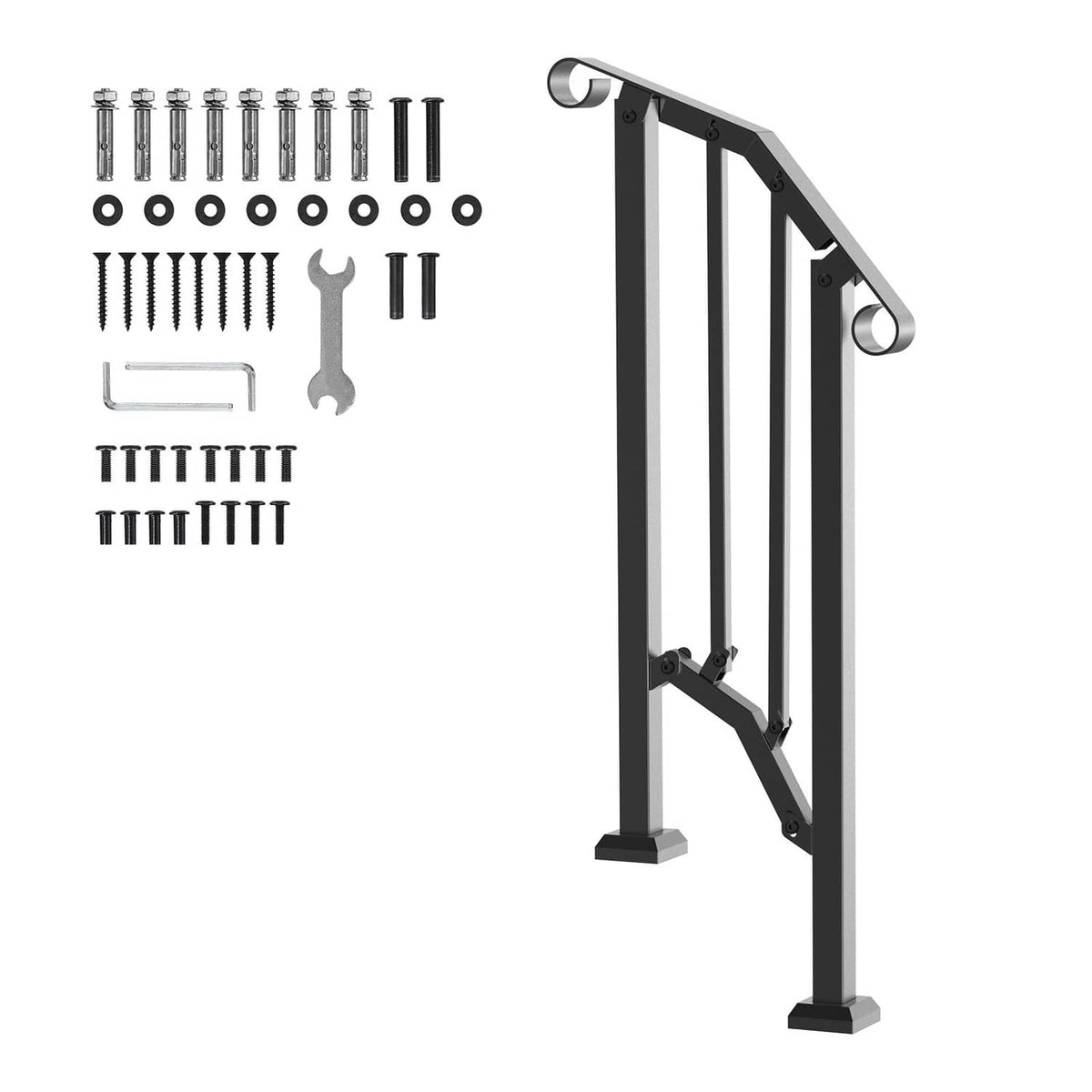 Black outdoor step handrail kit with curved frame pieces and mounting screws.