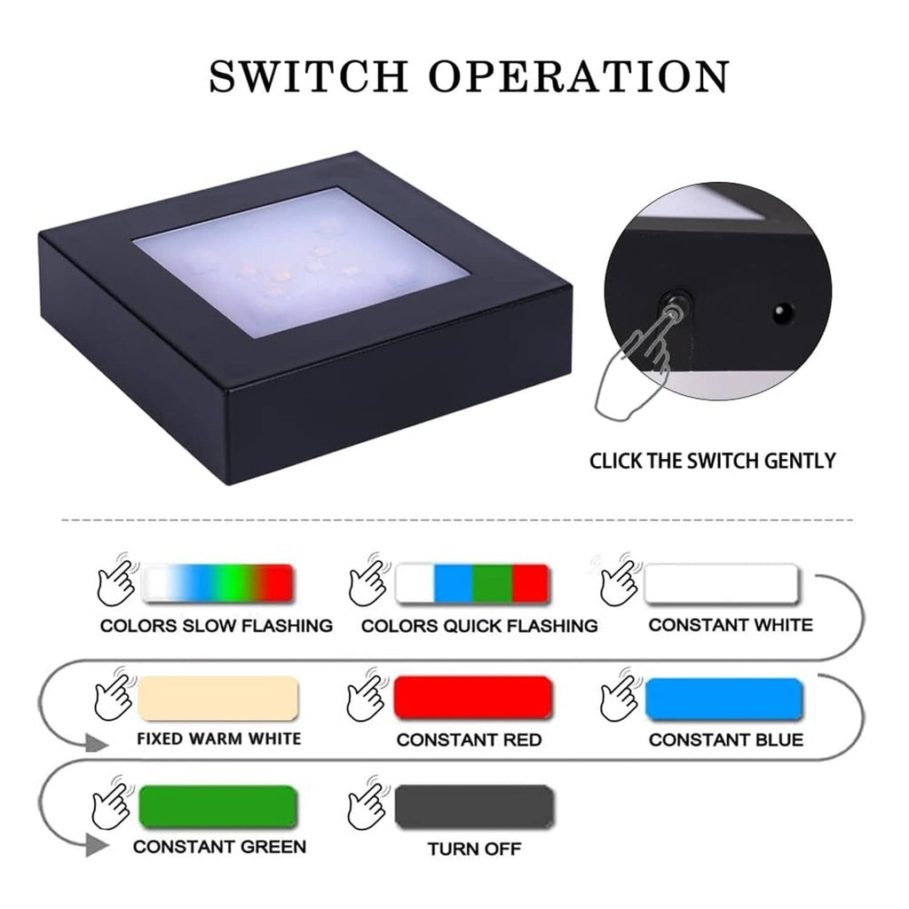 Black square LED light stand base with side switch button near the top