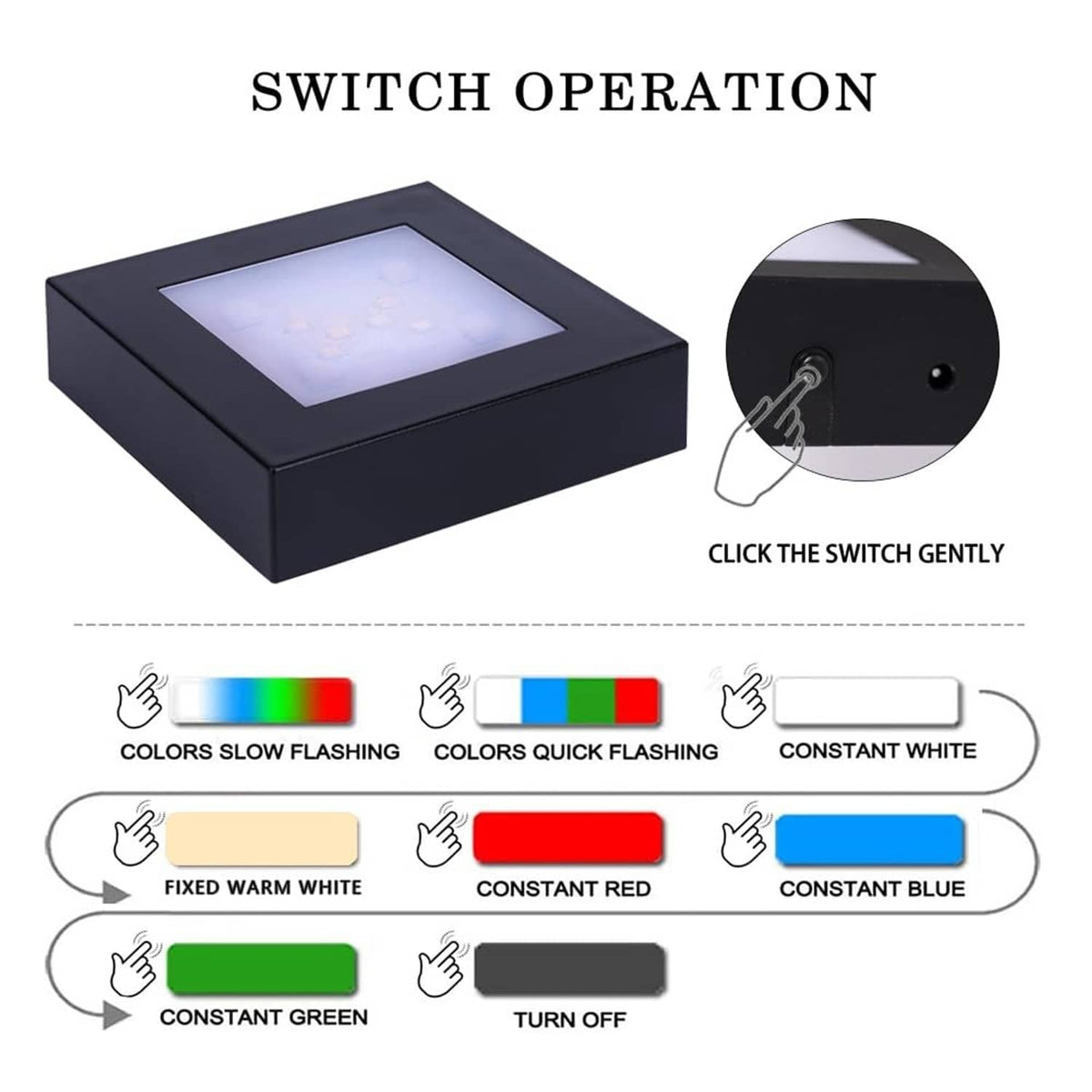 Black square LED light stand base with side switch button near the top