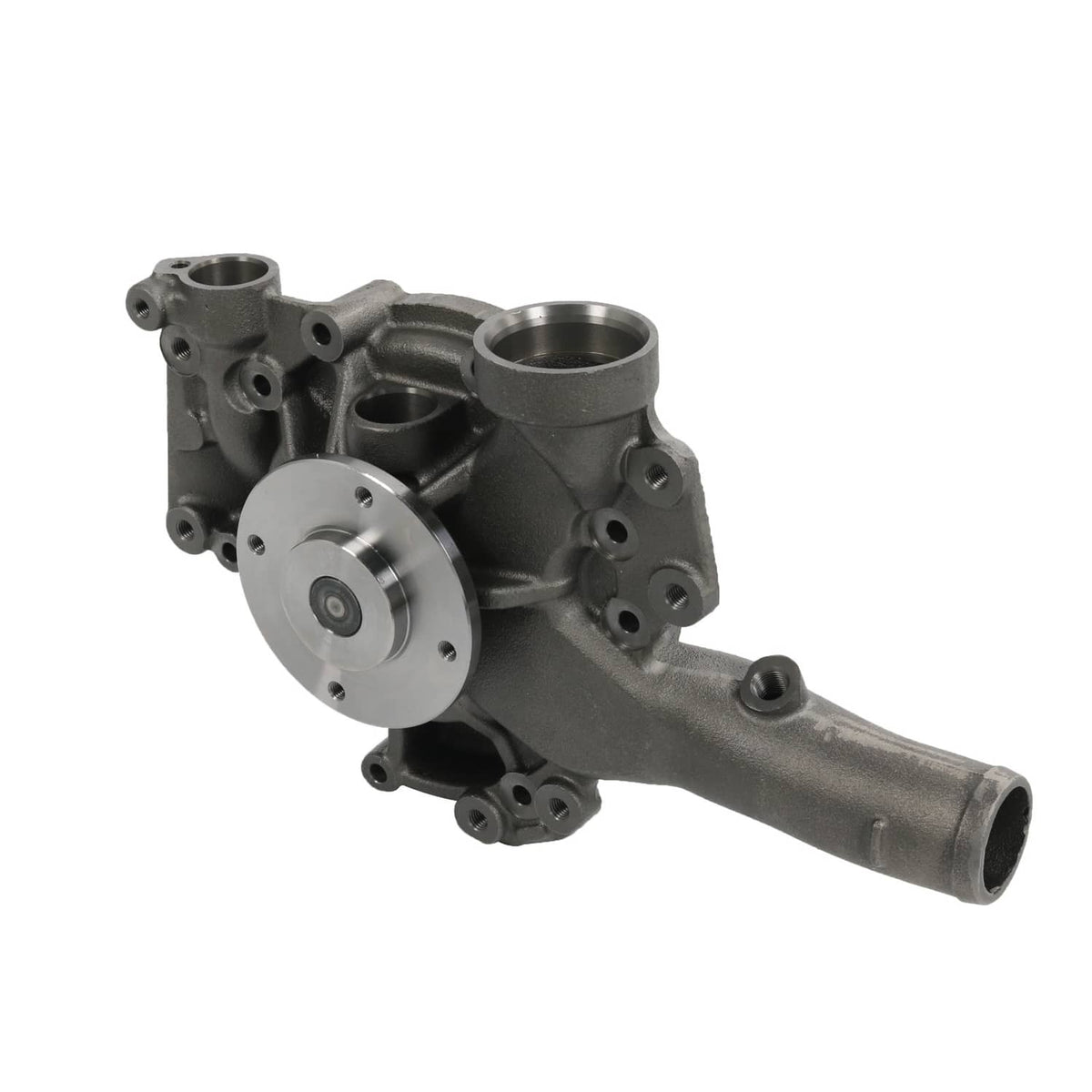 Water pump assembly with circular front plate and side outlet, gray cast housing