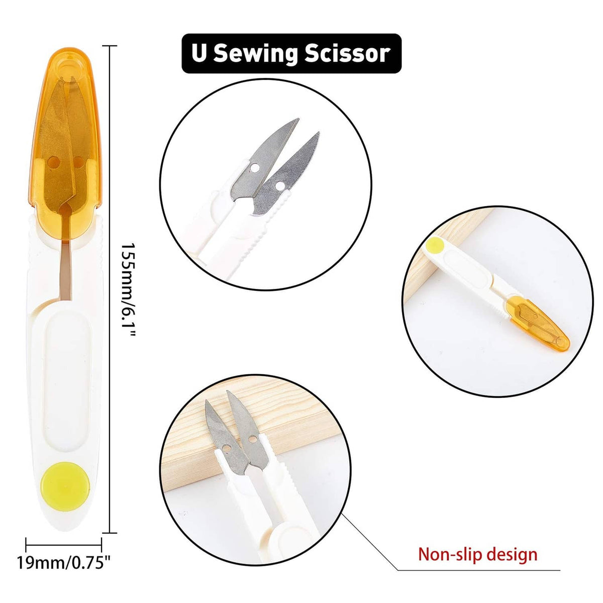 Non-slip paracord cutting tool with amber handle and safety cover, plus measurement bars