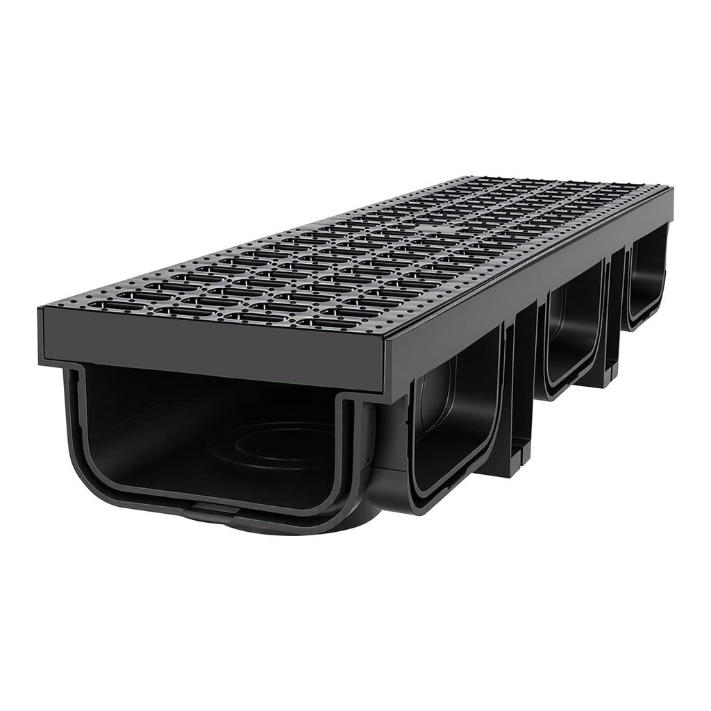 Black HDPE linear drainage channel with grated top and molded curved side outlets