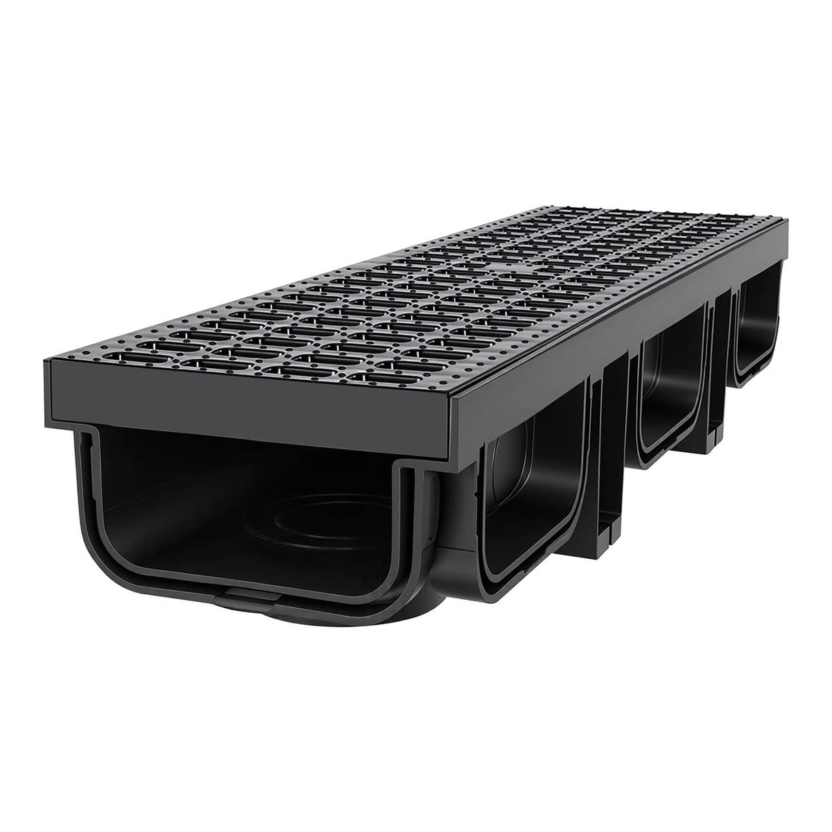 Black HDPE linear drainage channel with grated top and molded curved side outlets