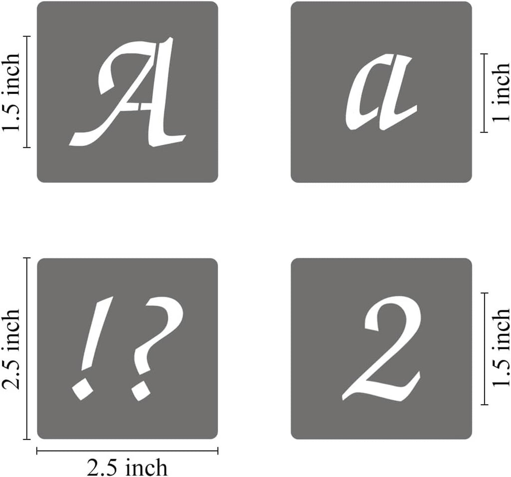 Stencil alphabet and punctuation tiles showing "A", "! ?", and numbers "1" and "2"