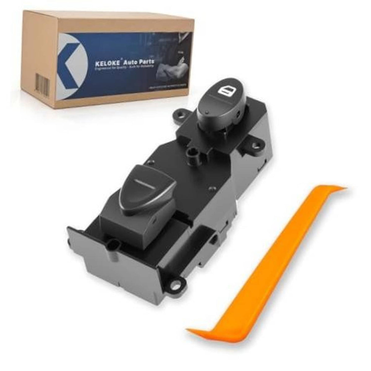 Black power window switch assembly with box and orange installation tool