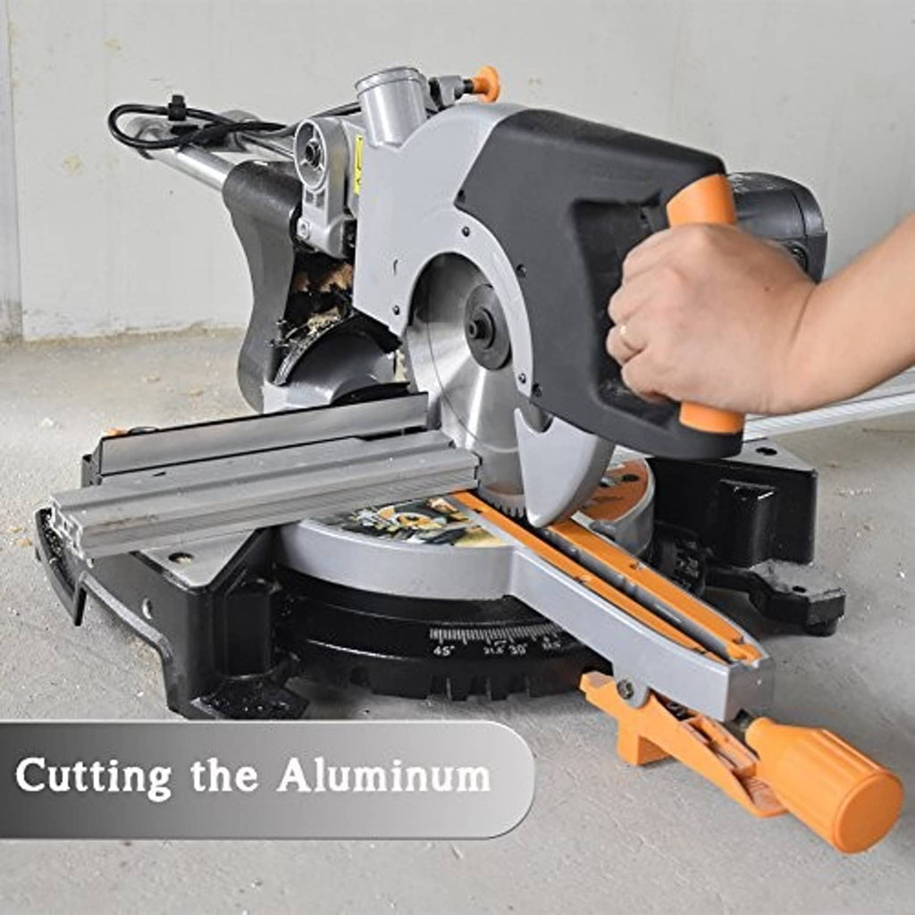 10-inch aluminum cutting saw blade installed on a miter saw for non-ferrous metals
