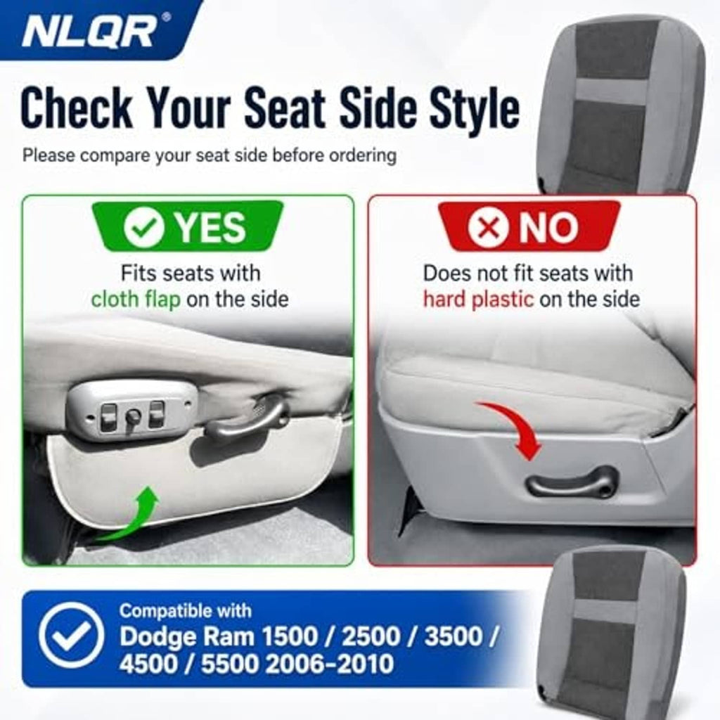 Gray cloth driver-side seat bottom cover with textured insert and side flap