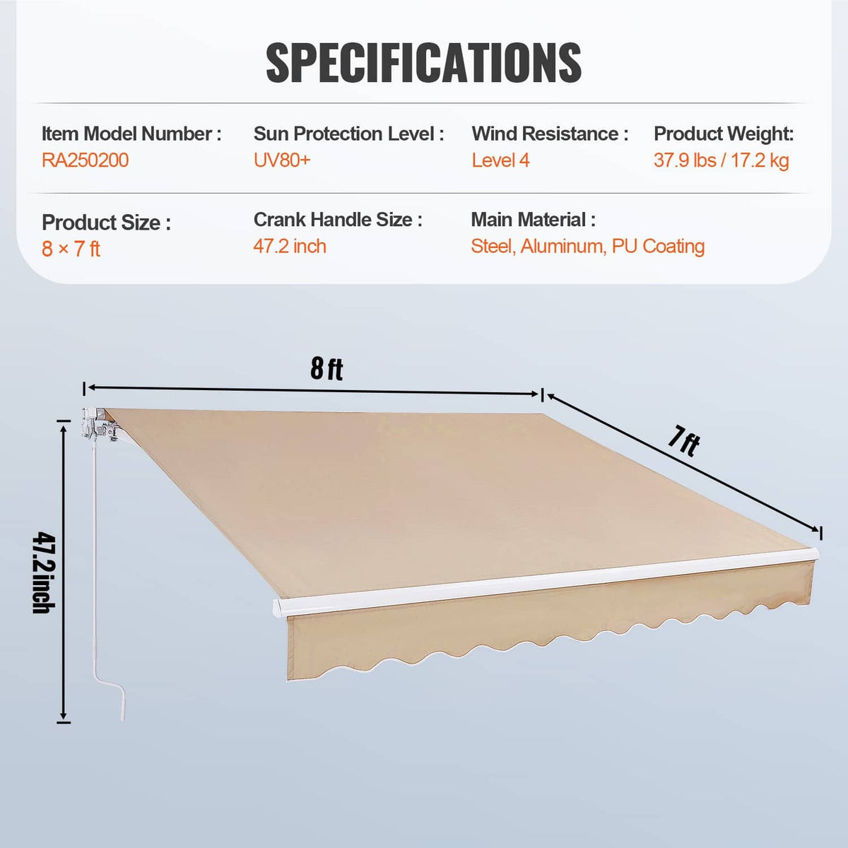 Retractable patio awning dimension diagram, beige canopy with scalloped valance