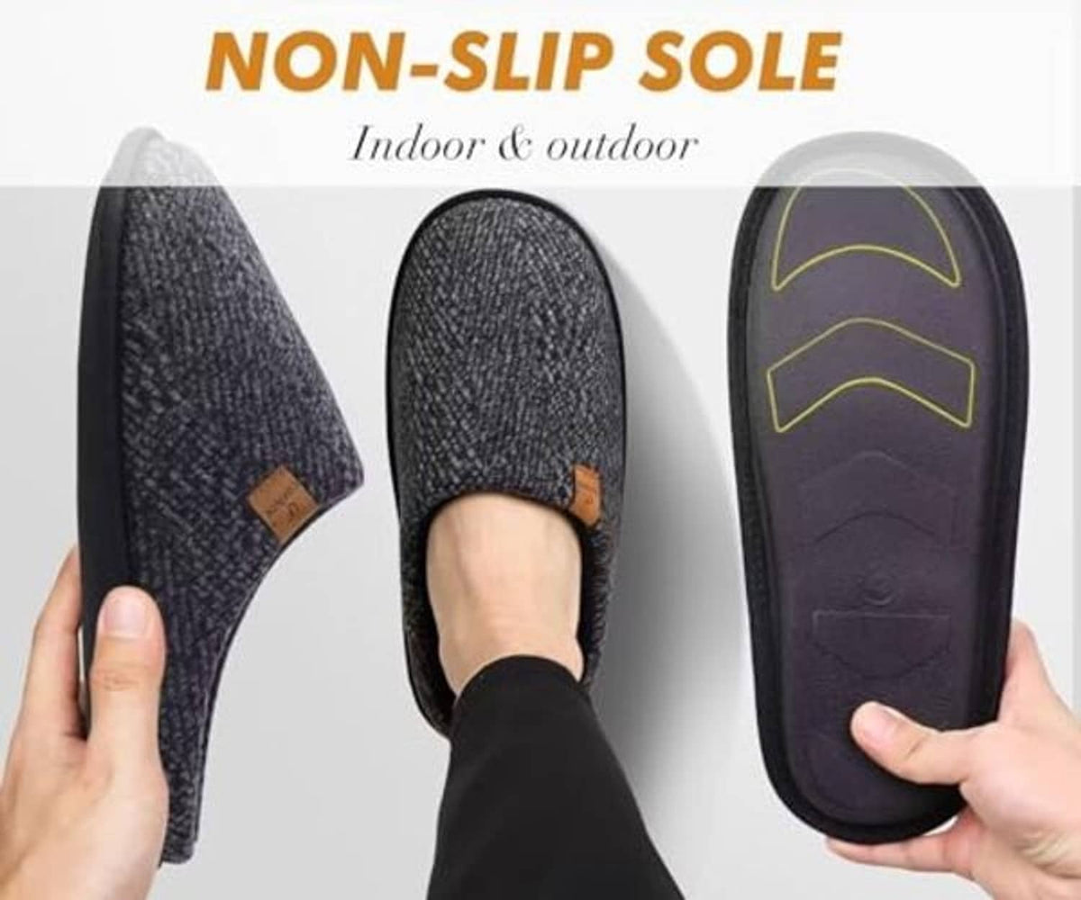 Slip-on slippers with non-slip tread sole, dark heather knit and black trim
