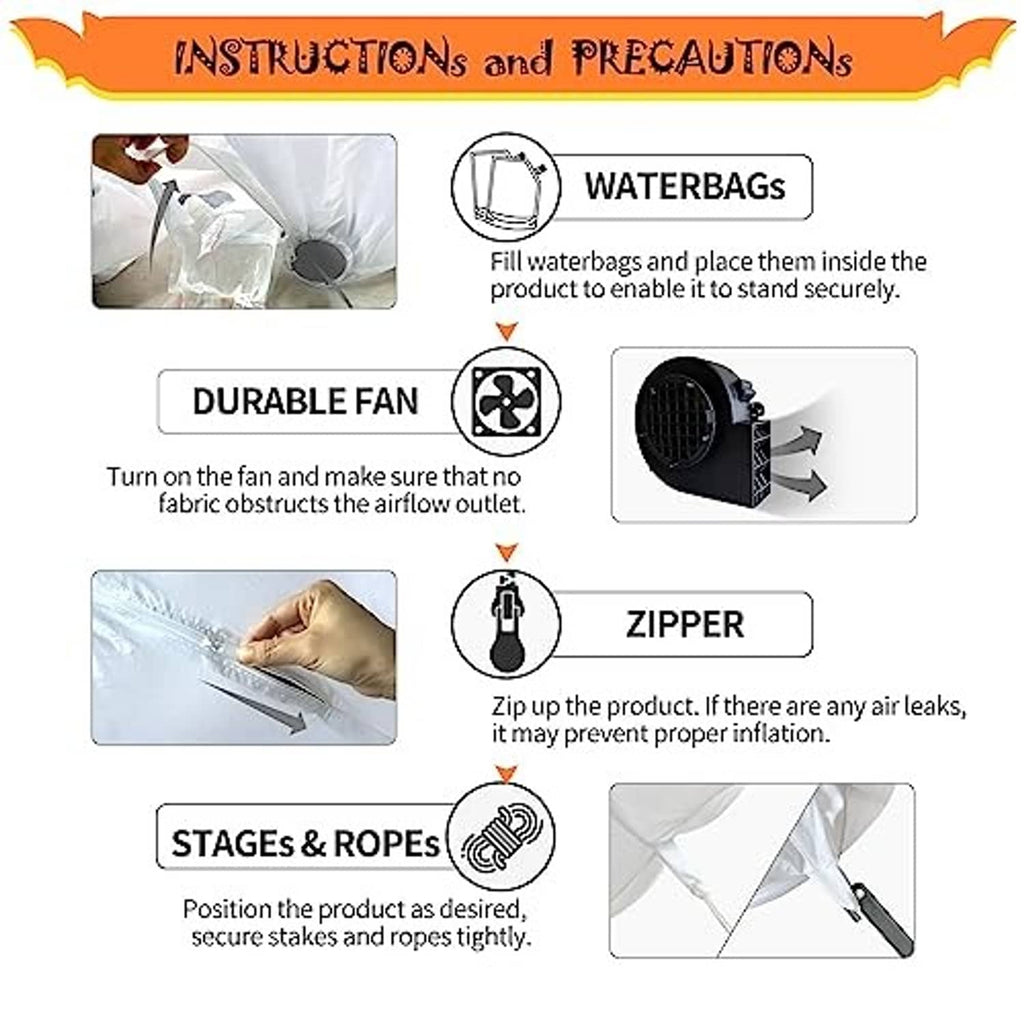 Halloween inflatable setup instructions panel: waterbags, durable fan, zipper, and stakes with ropes