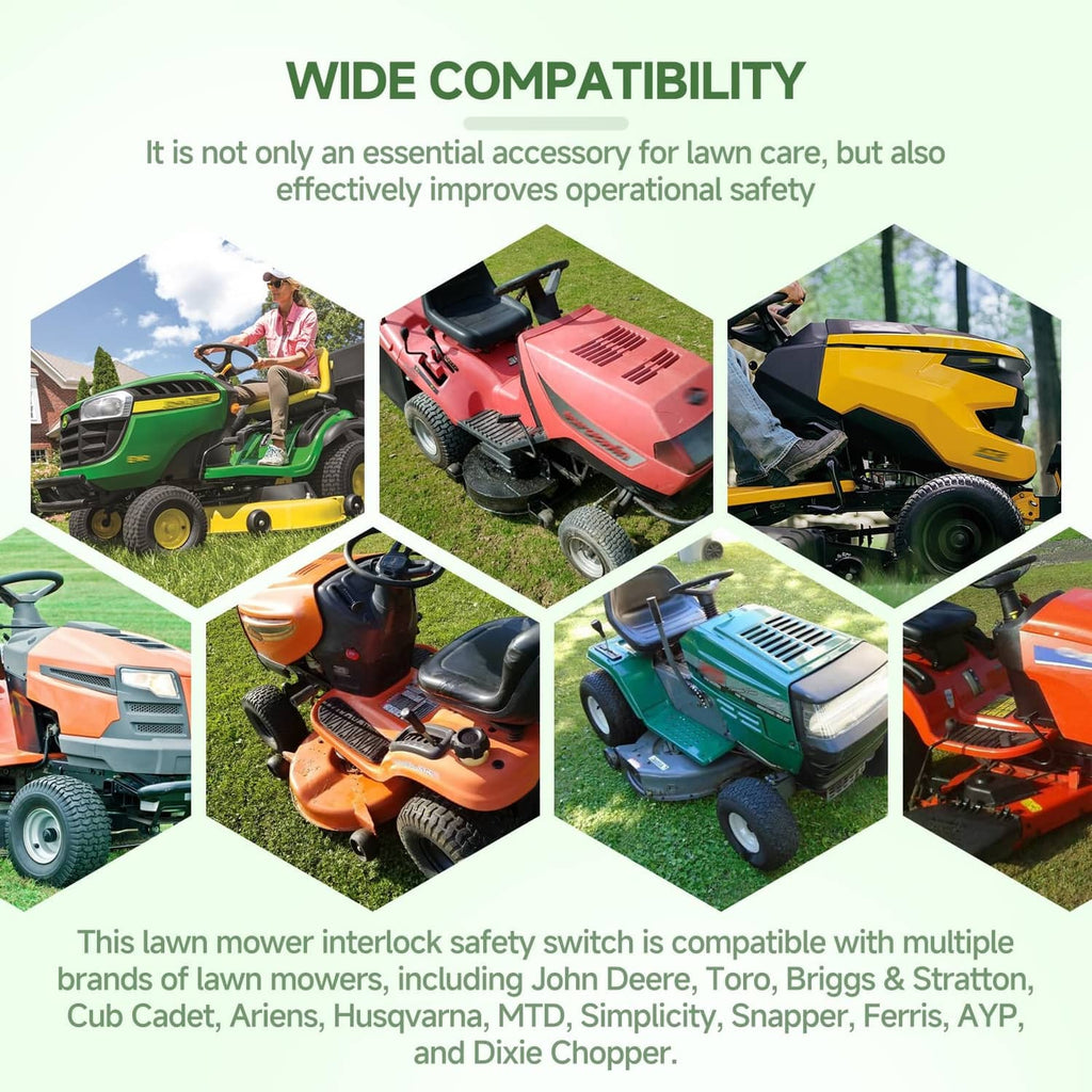 Lawn mower interlock safety switch compatibility graphic for various mower models
