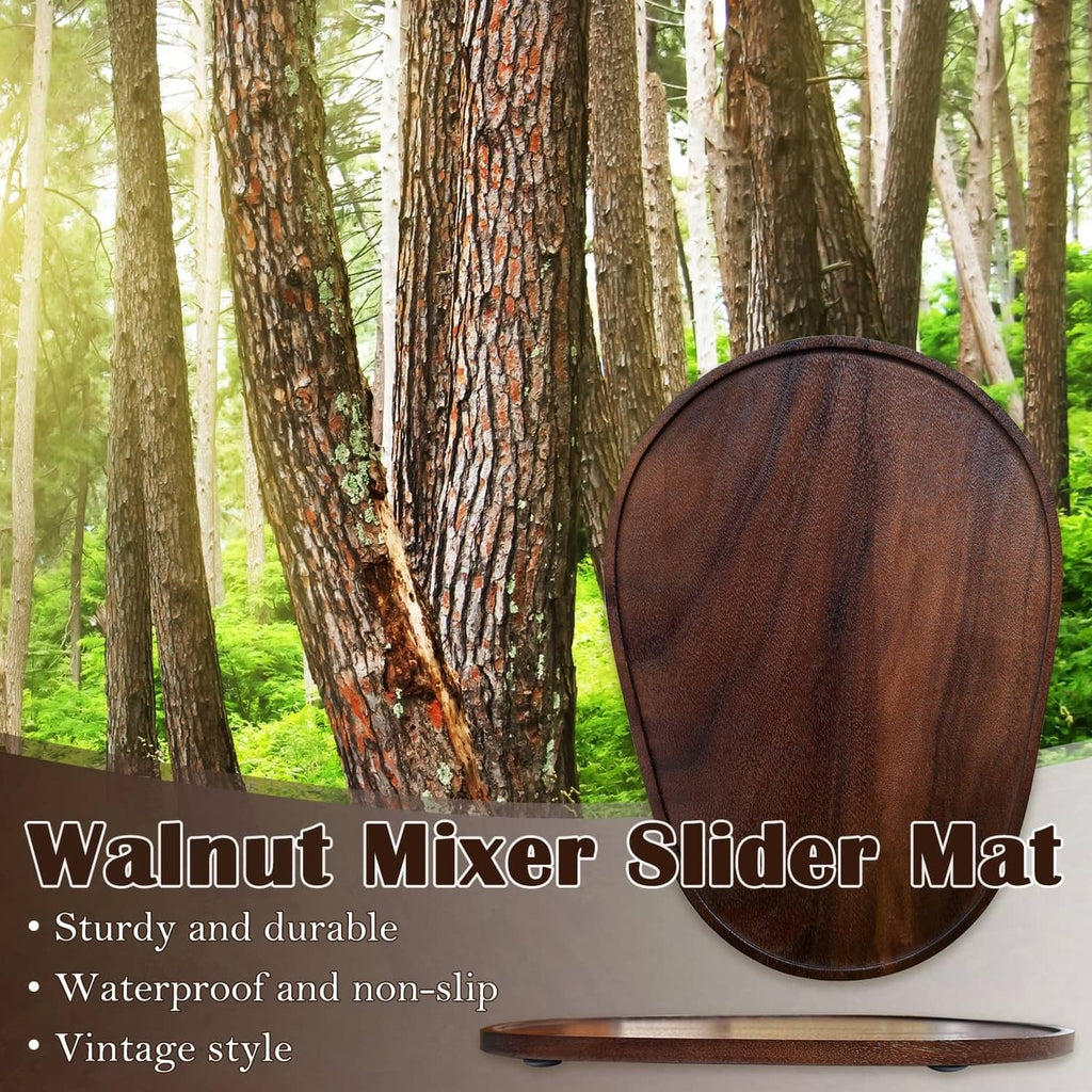 Walnut oval mixer slider mat with textured wood grain, shown on desk-style base