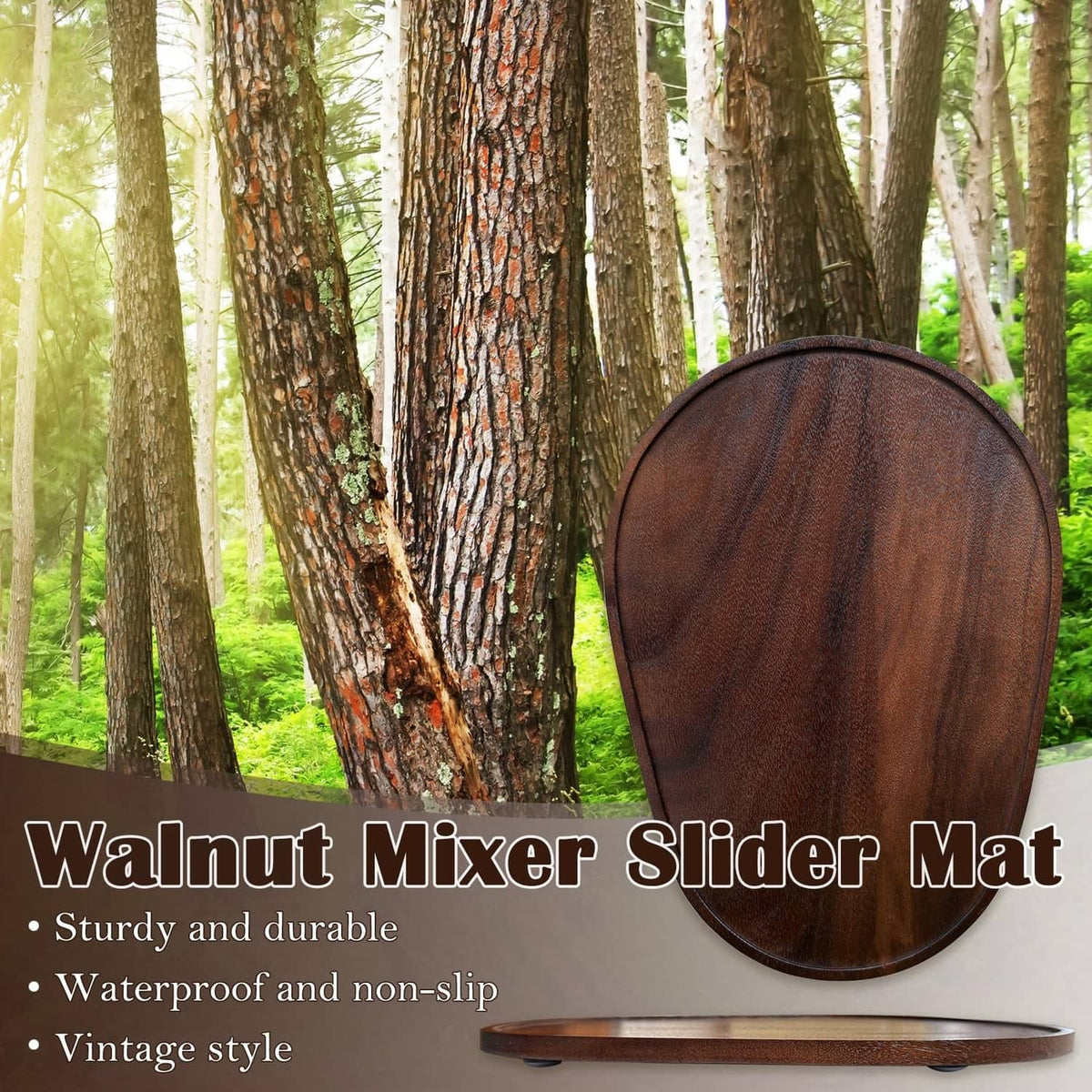 Walnut oval mixer slider mat with textured wood grain, shown on desk-style base