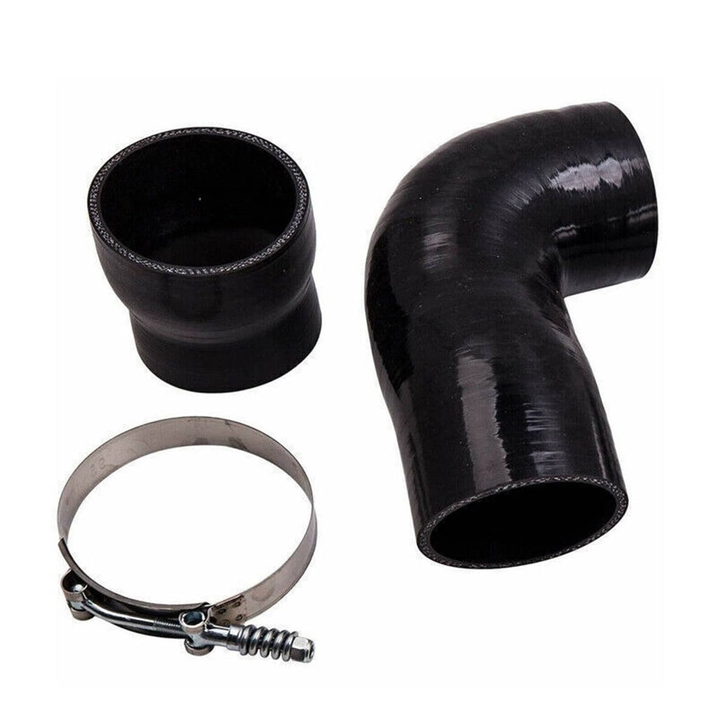 Close-up black silicone intercooler coupler boot with metal hose clamp and band