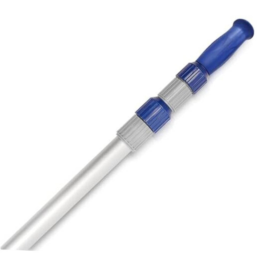 Telescopic pool pole handle end with blue grip and silver aluminum segments