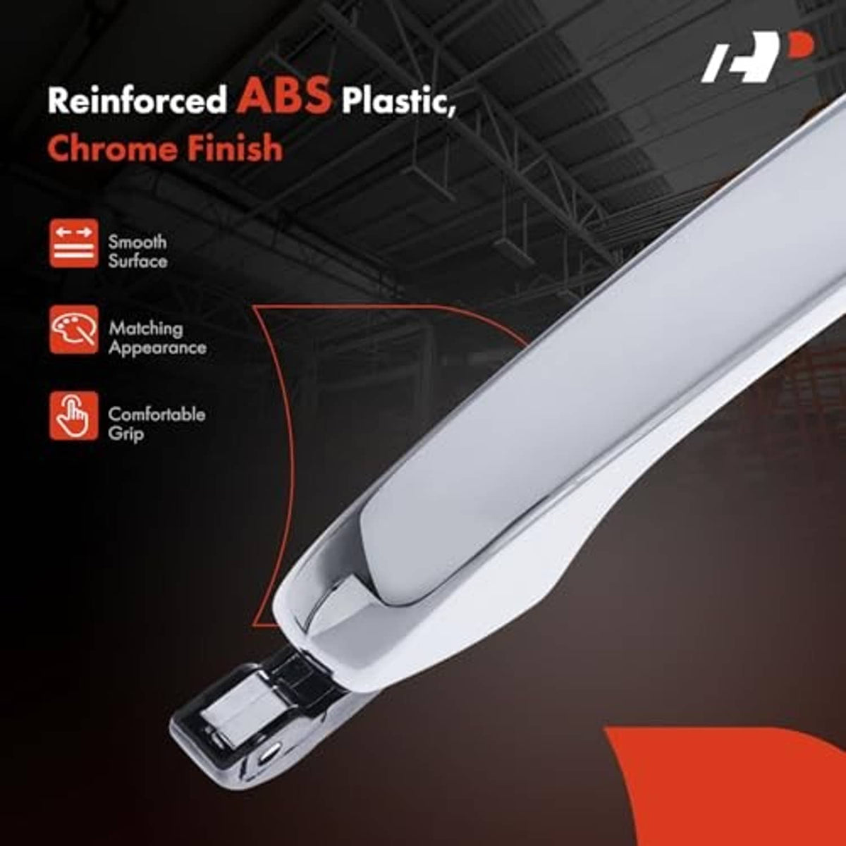 Chrome-finish exterior door handle with smooth gray grip and black keyhole end