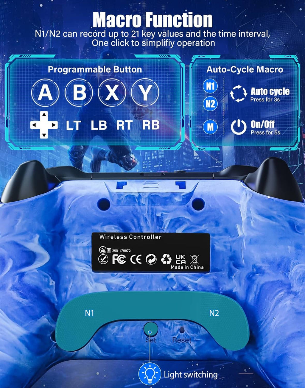 Blue wireless Switch controller with programmable face buttons A/B/X/Y and triggers