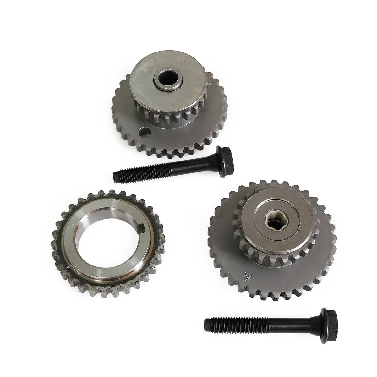 Timing chain sprockets and tensioner with black bolts, silver toothed gears