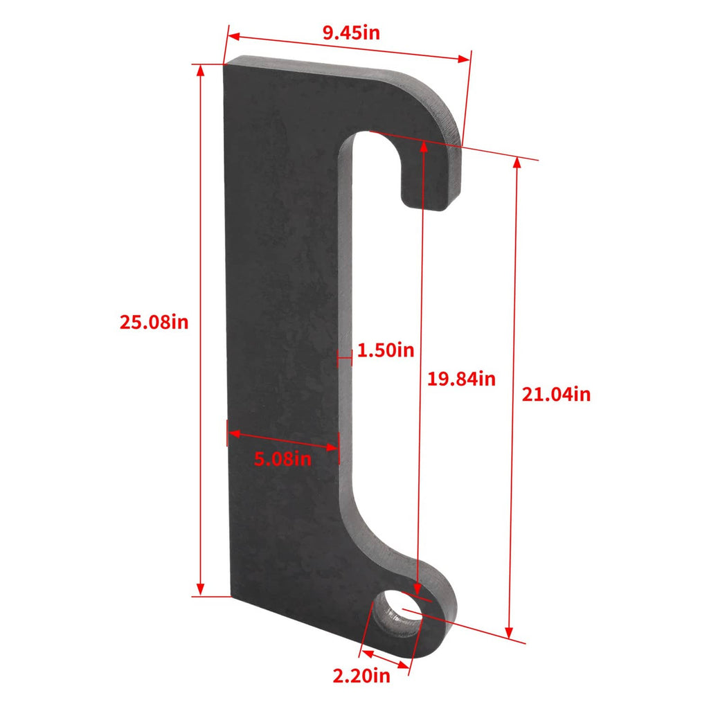 Steel quick-attach loader mount with U cutout; size diagram with red measurement lines