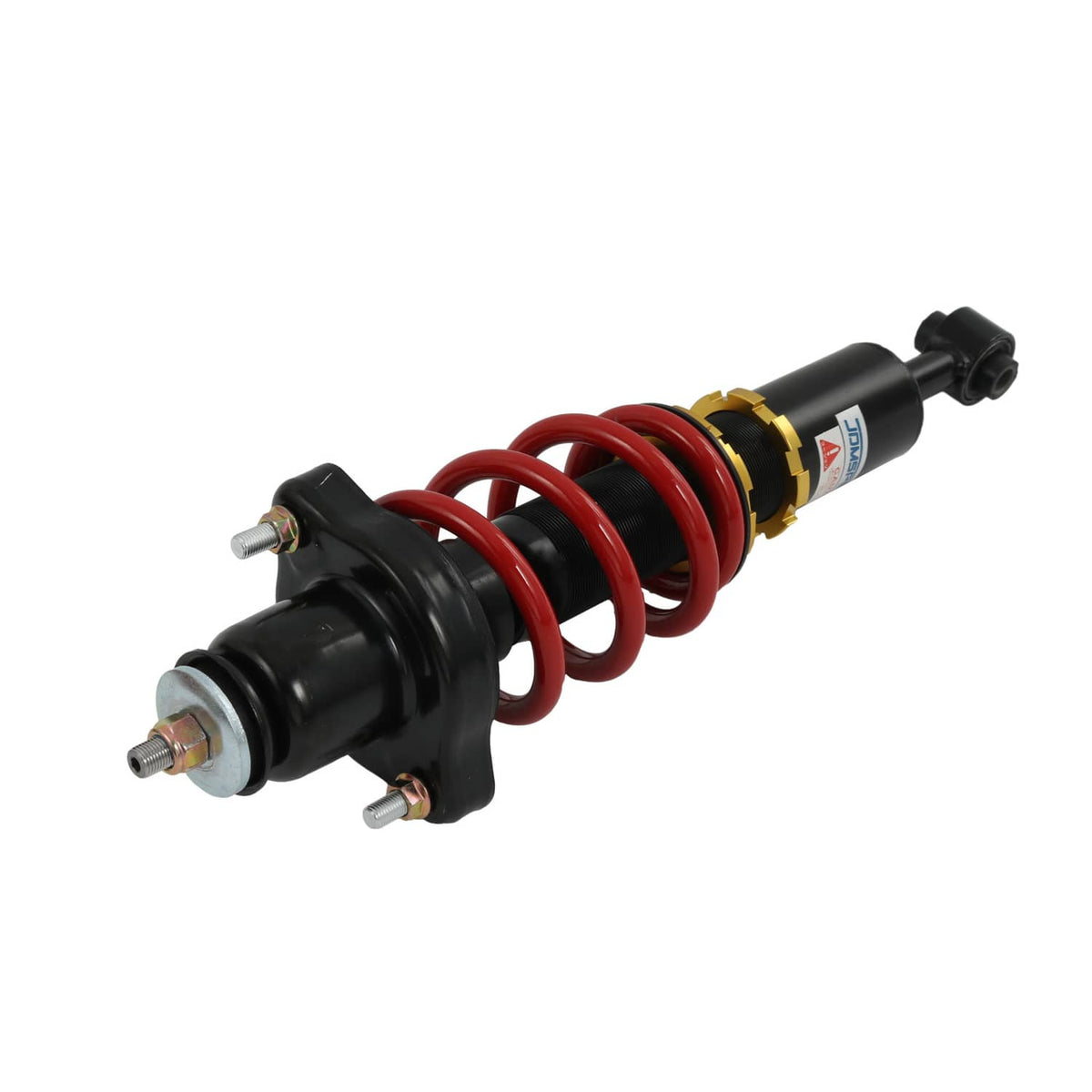 Rear coilover strut with red coil spring, black body, and gold adjustment ring
