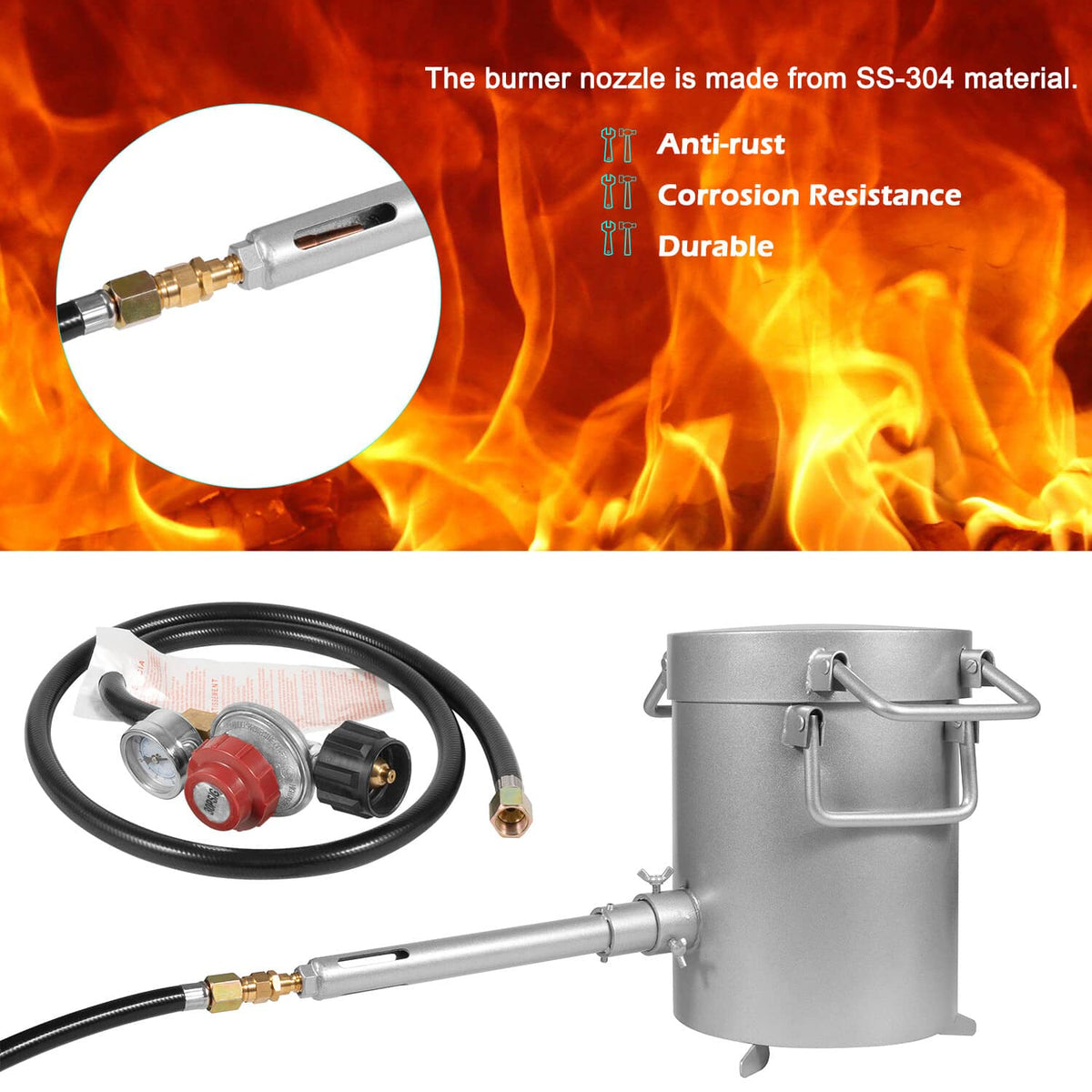 Propane furnace kit with SS-304 burner nozzle, crucible, and burner hose with regulator
