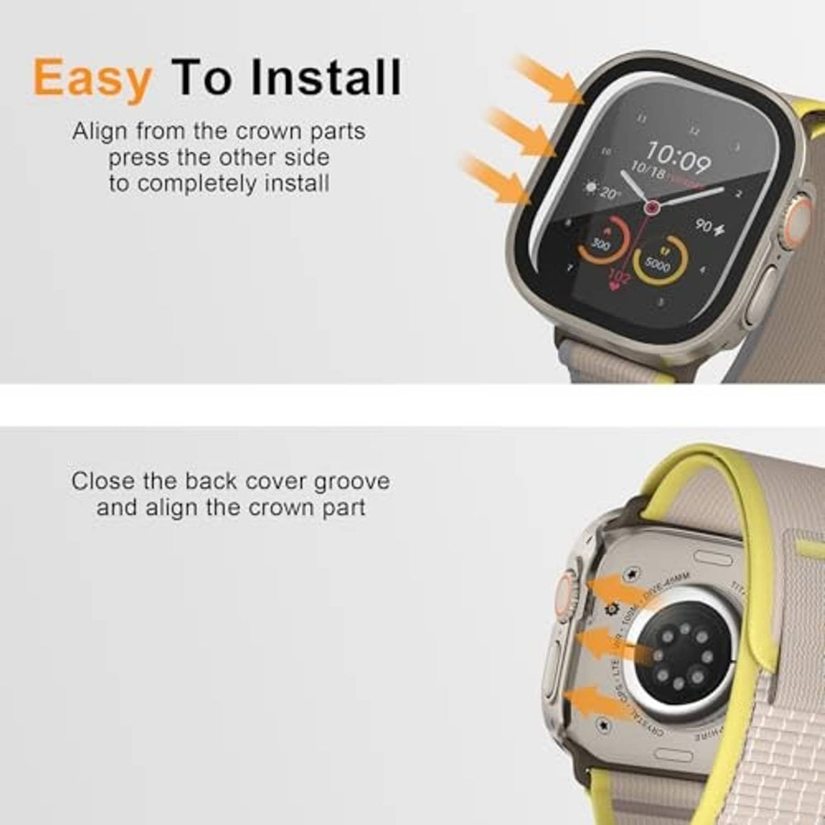 Natural titanium watch case with clear screen protector, showing alignment during install