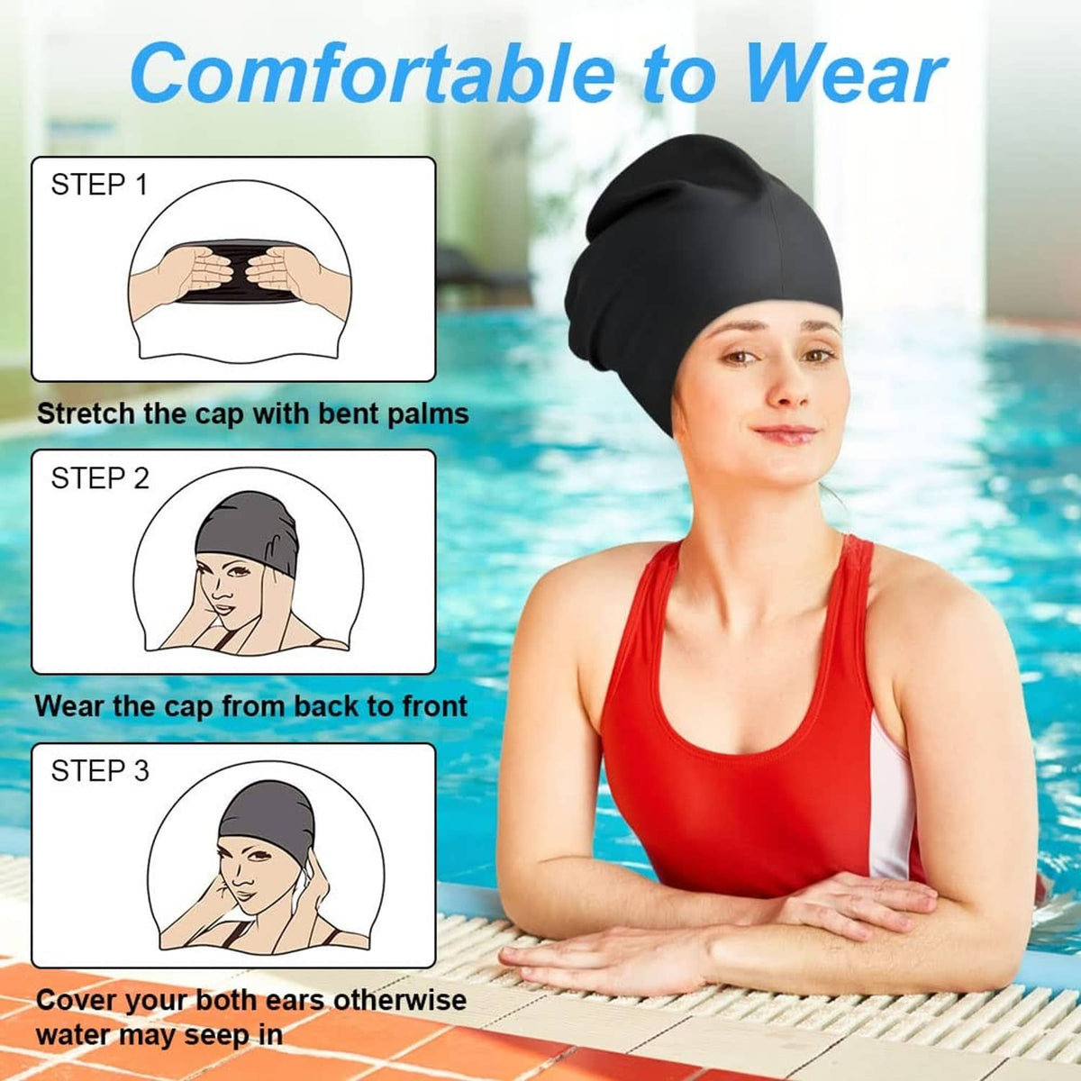 Black swimming cap shown being stretched and worn, smooth elastic fit.