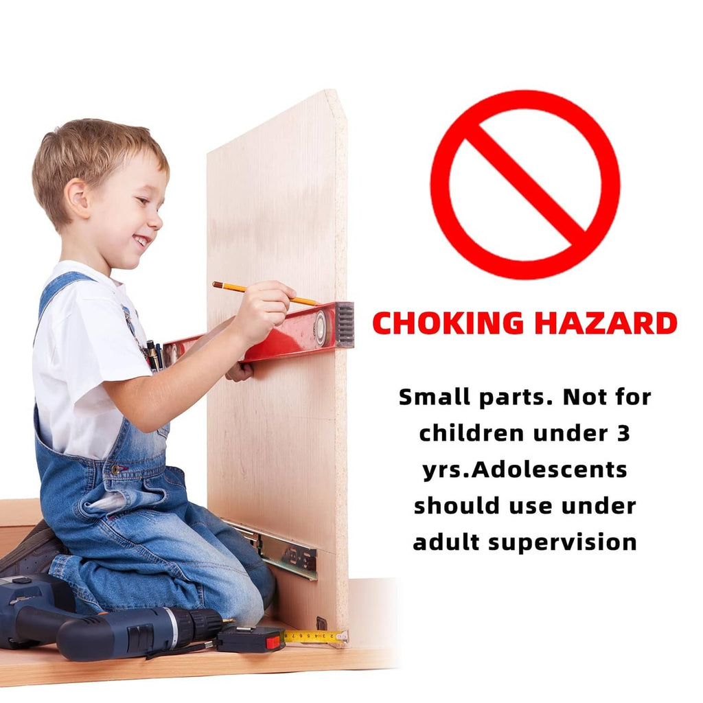 Child working with tools beside wood panel; small parts safety warning
